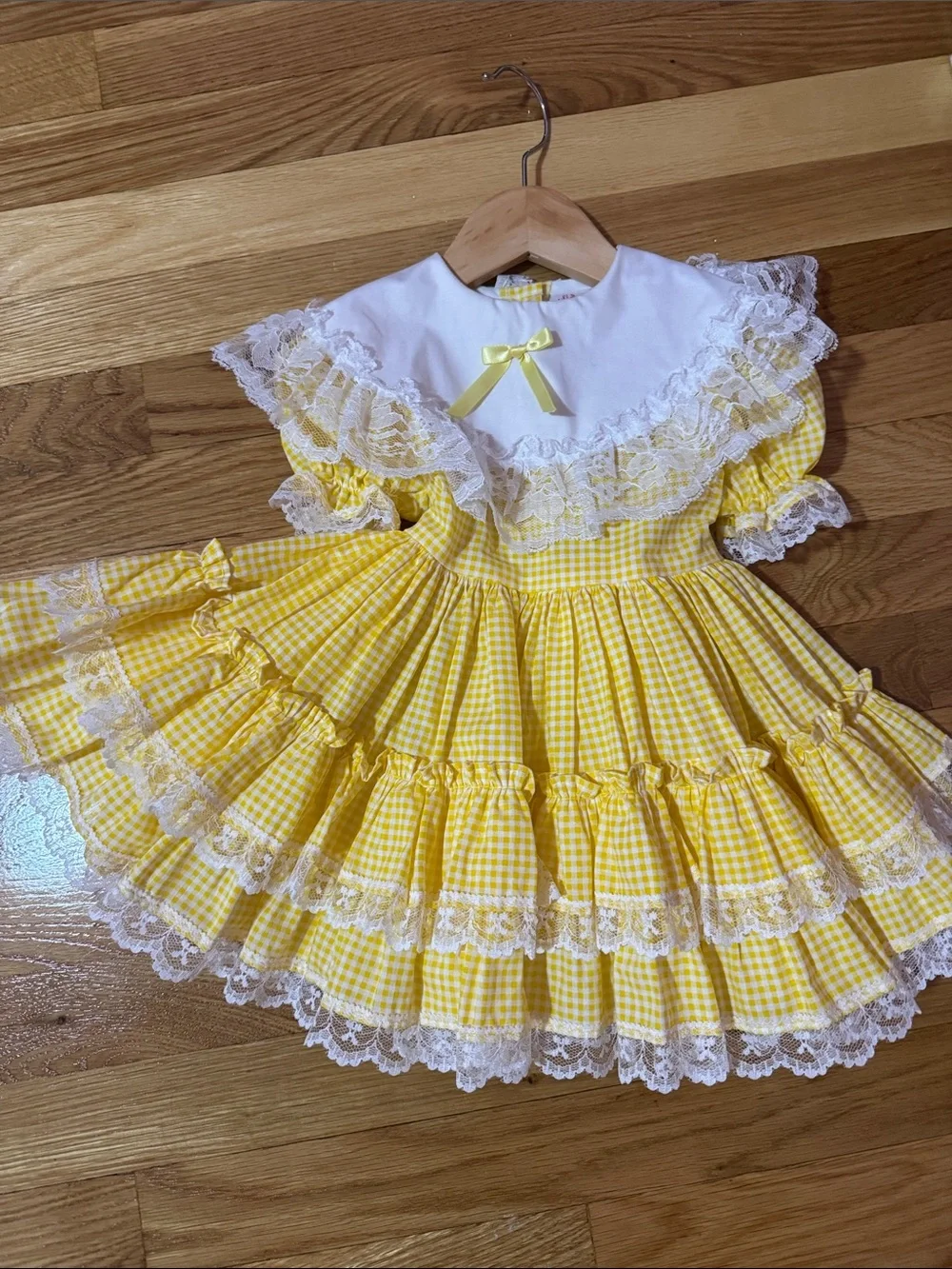 Yellow Gingham Lace Trim Girls Dress with Peter Pan Collar